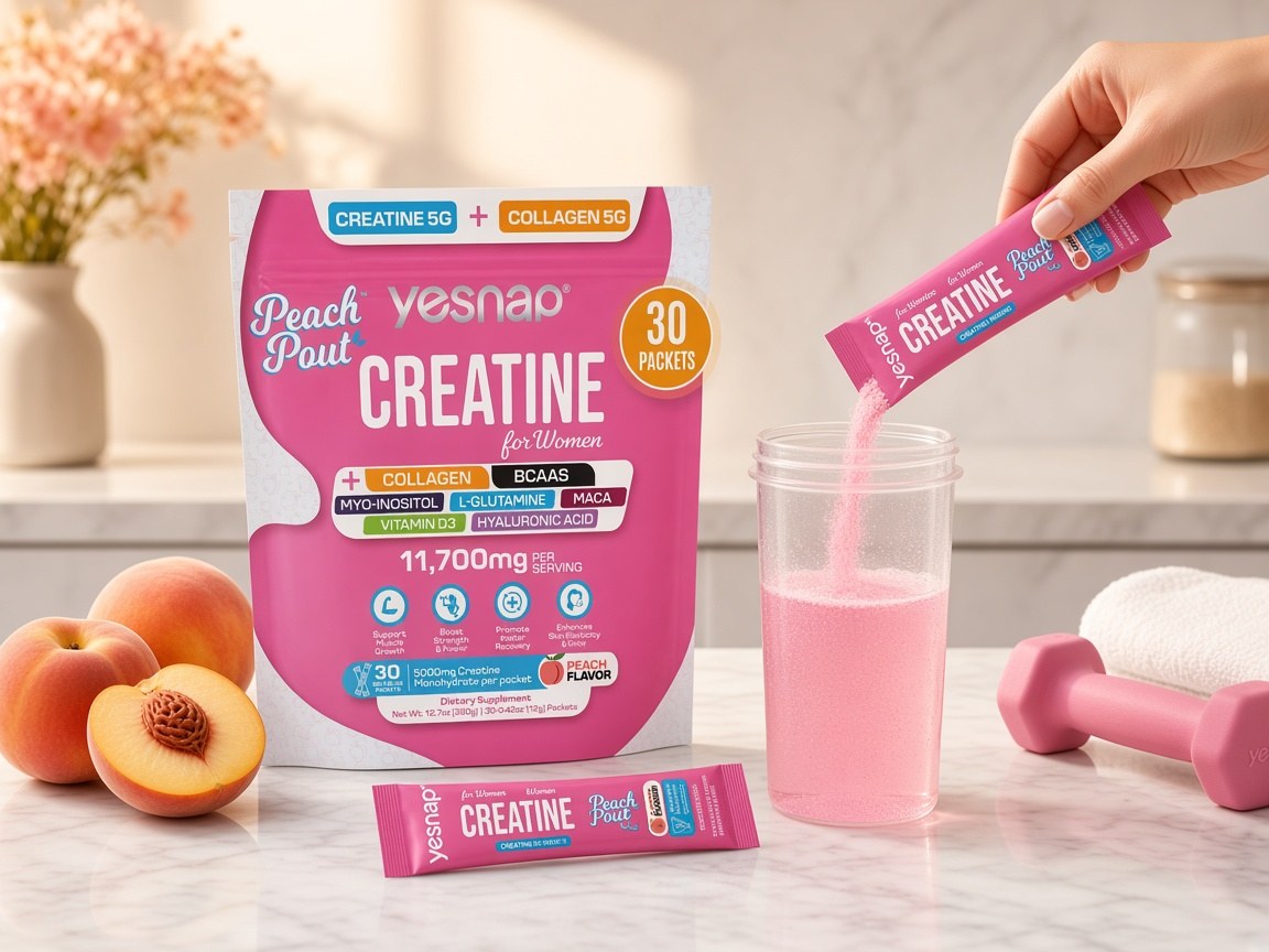 PeachPout stick pack poured into a shaker next to the pouch and fresh peaches